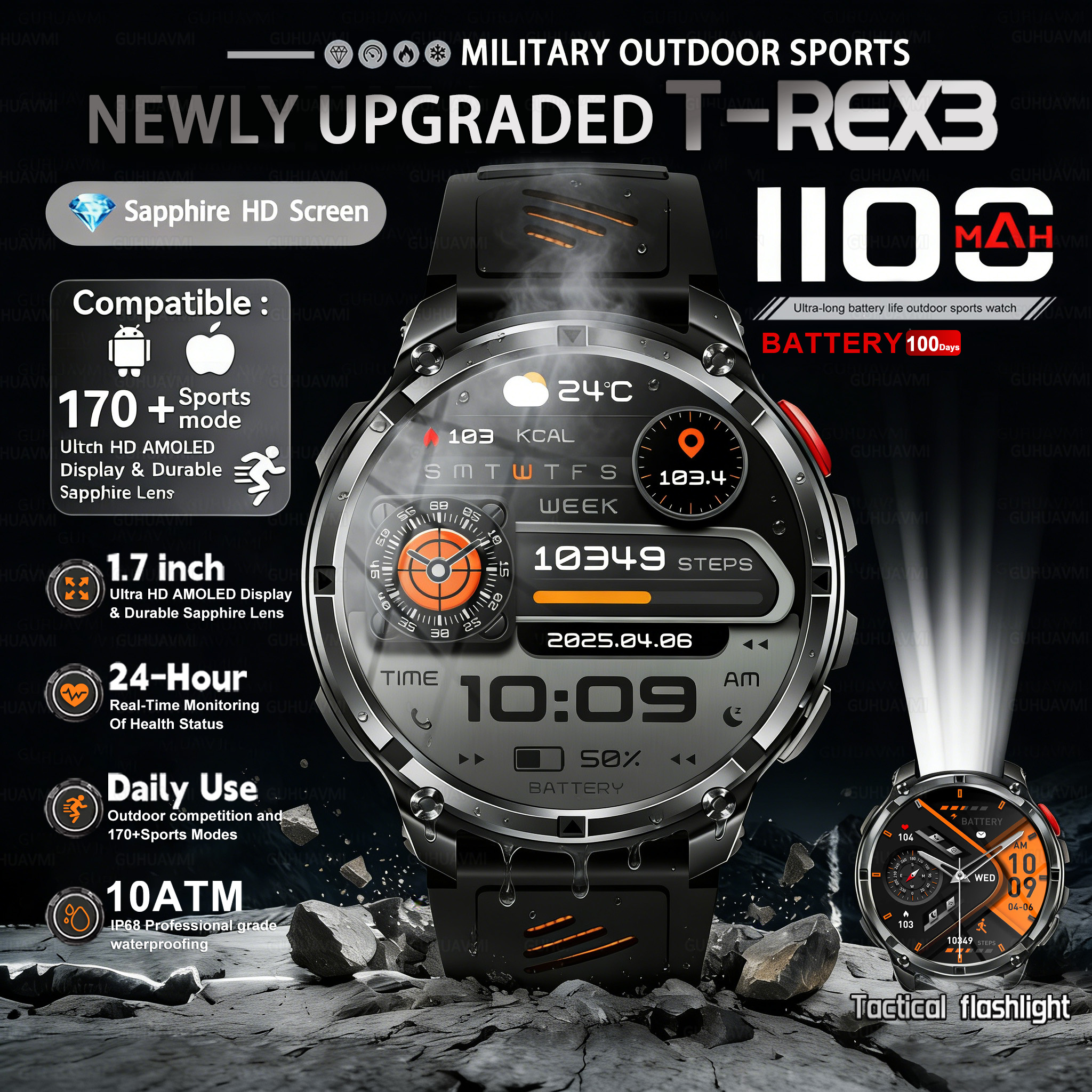 Outdoor Camping Japan - T-REX 3 Military Smartwatch Men 1100mAh