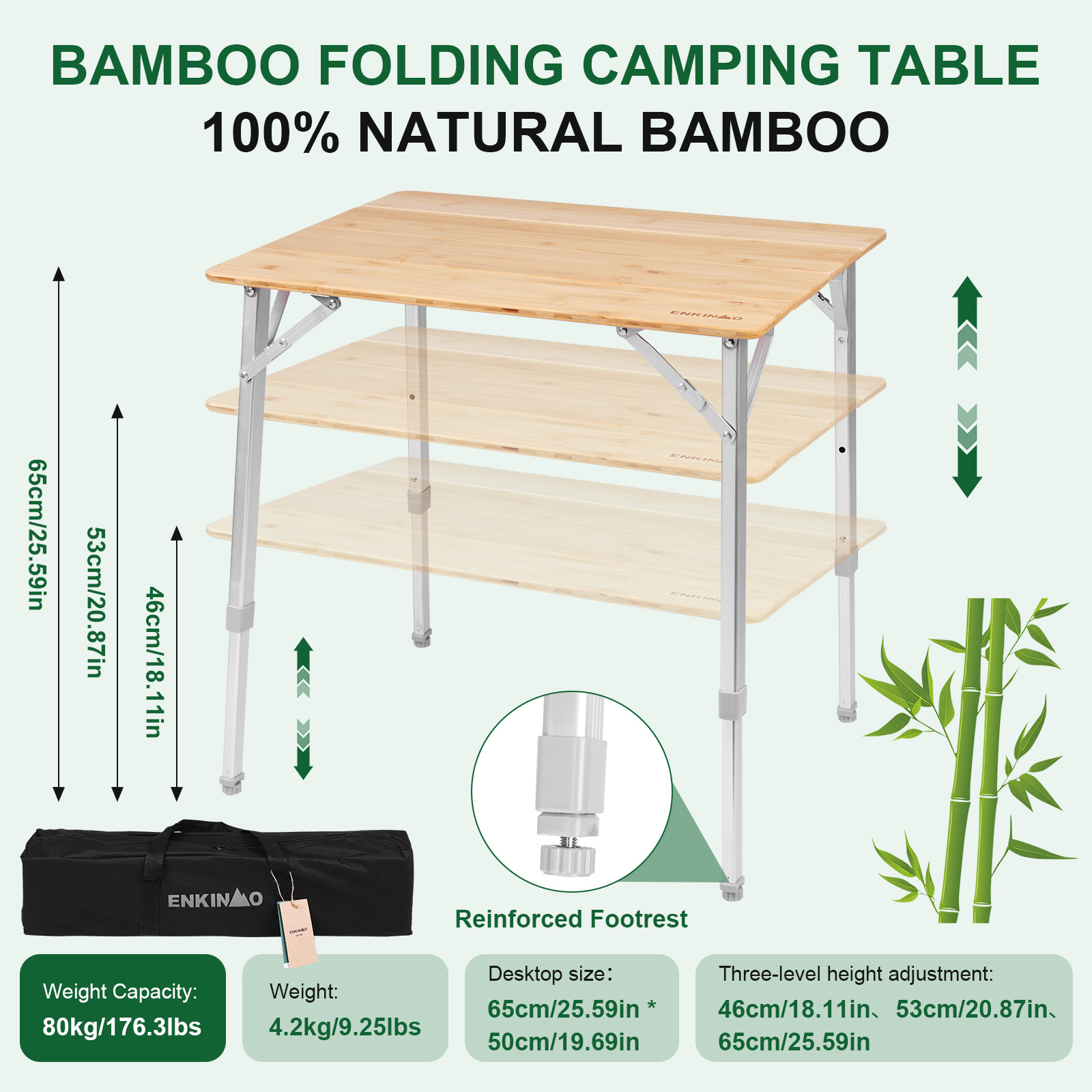 Outdoor Camping Cooking Table - Adjustable Height Folding Bamboo Camping Table